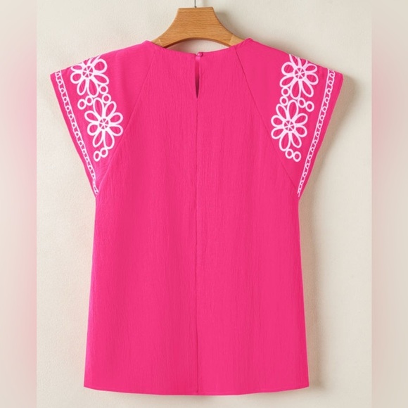 Pink Embroidered Flutter Sleeve Top - Picture 2 of 6